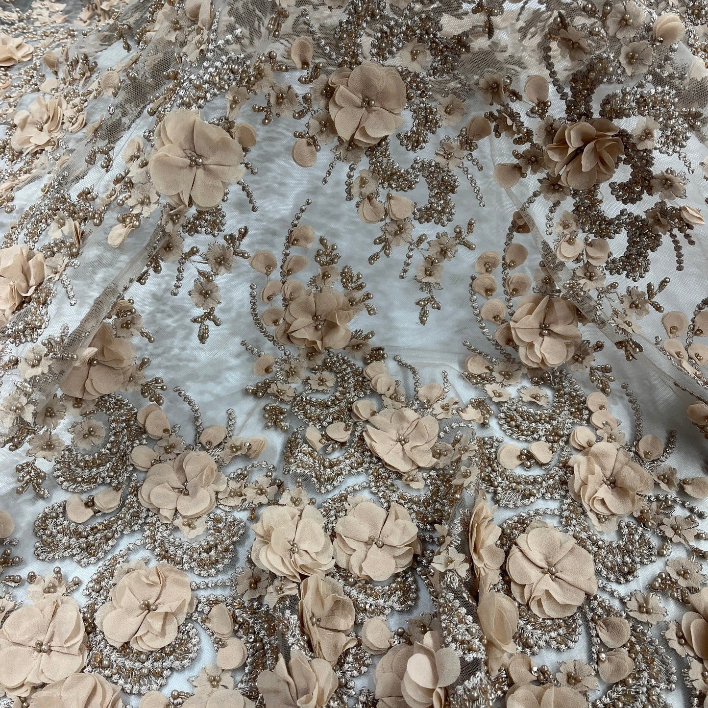 Beaded 3D Floral Lace Fabric Embroidered on 100% Polyester Net Mesh
| Lace USA - GD-362