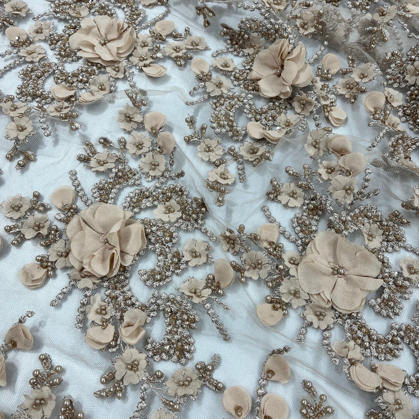 Beaded 3D Floral Lace Fabric Embroidered on 100% Polyester Net Mesh
| Lace USA - GD-362
