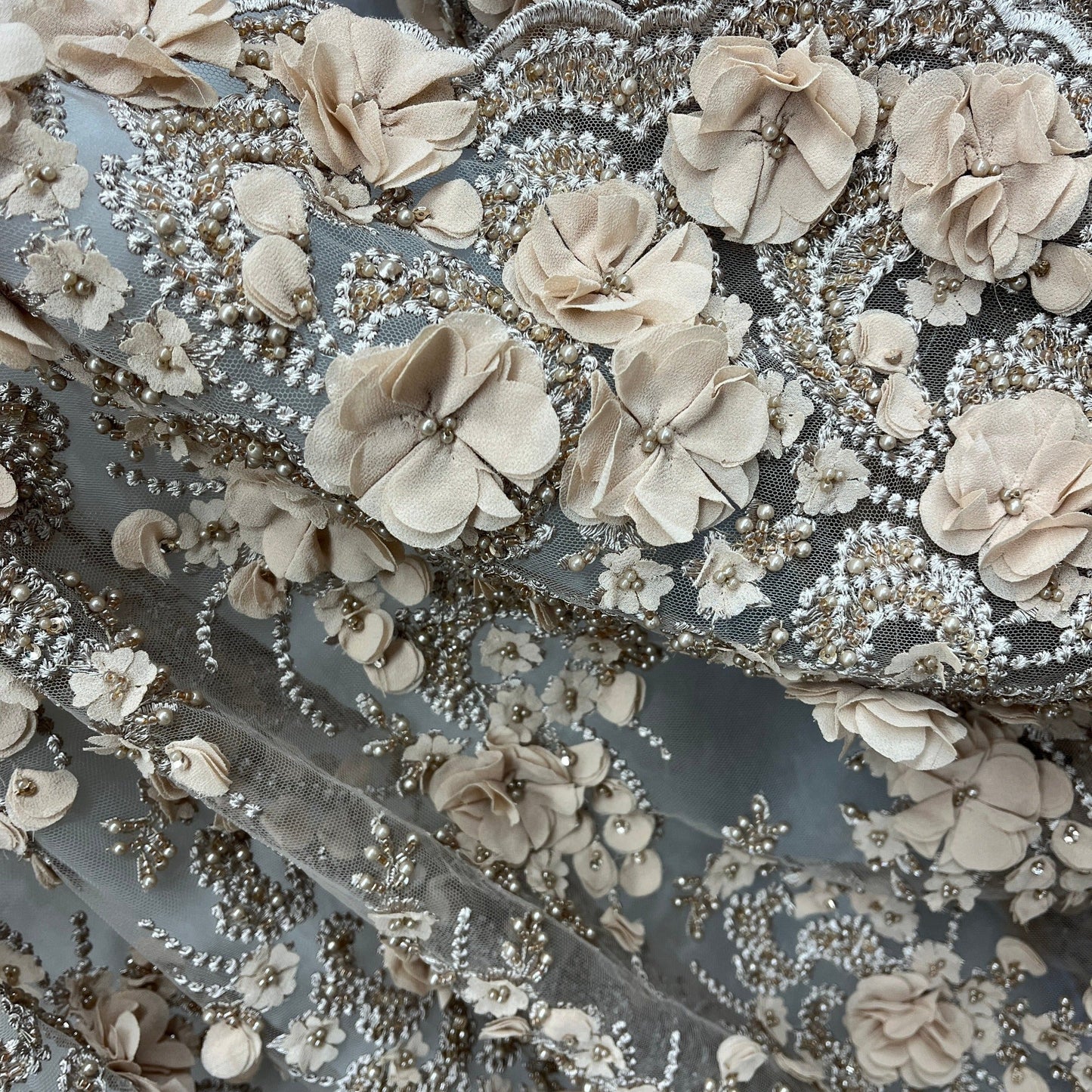 Beaded 3D Floral Lace Fabric Embroidered on 100% Polyester Net Mesh
| Lace USA - GD-362